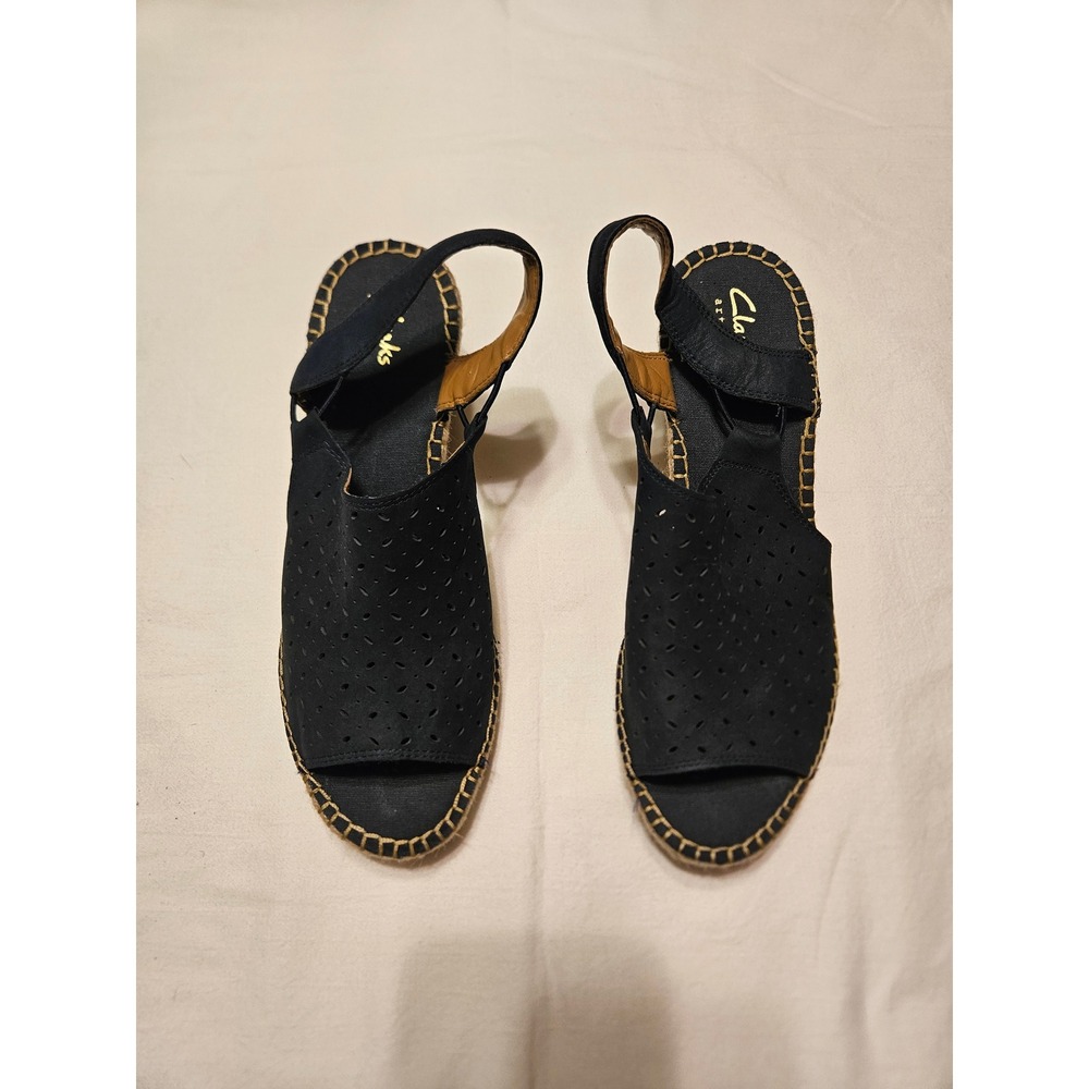 Clarks Women's Navy‎ Blue Suede Perforated Espadrille Wedge Sandals Slingback 9M
